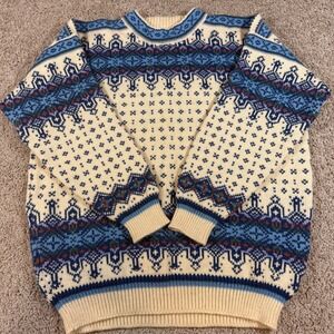Unbranded Fair Isle Sweater Mens XL Cream Blue Vintage Nordic Knit Pullover Good